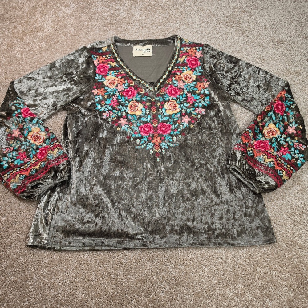 Savanna Jane Top Grey Crushed Velvet Floral Embroidered Boho Blouse Size M